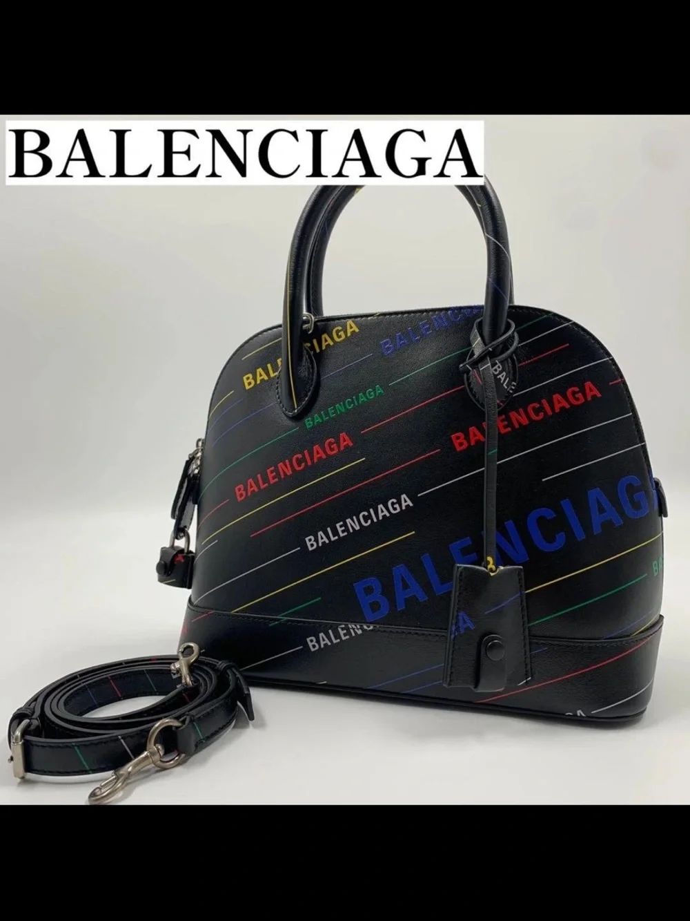 Balenciaga Black Multicolor Logo Dome Satchel with Top Handles